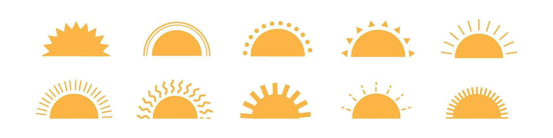 Half sun icon with decorative rays, sunrise and sunset.Flat vector illustration isolated on white background.