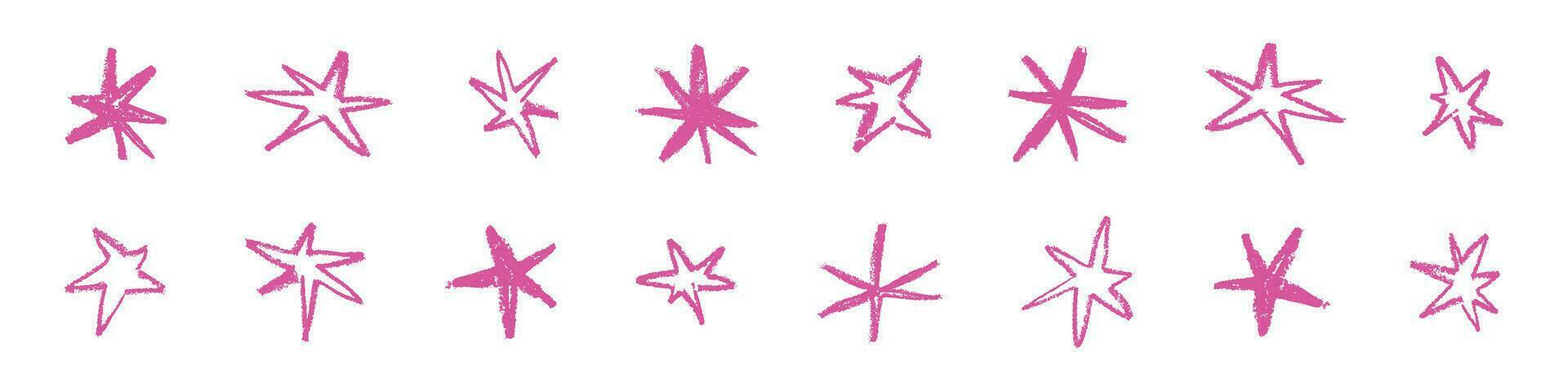 Hand drawn grunge star shape, with rough brush strokes and spray effects in pink. vintage texture and chalky scribble. Flat vector illustration isolated on white background.