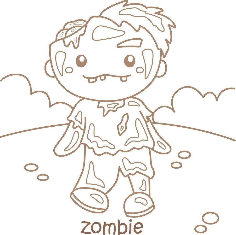 Alphabet Z For Zombie Vocabulary School Lesson Cartoon Coloring Pages for Kids and Adult vector