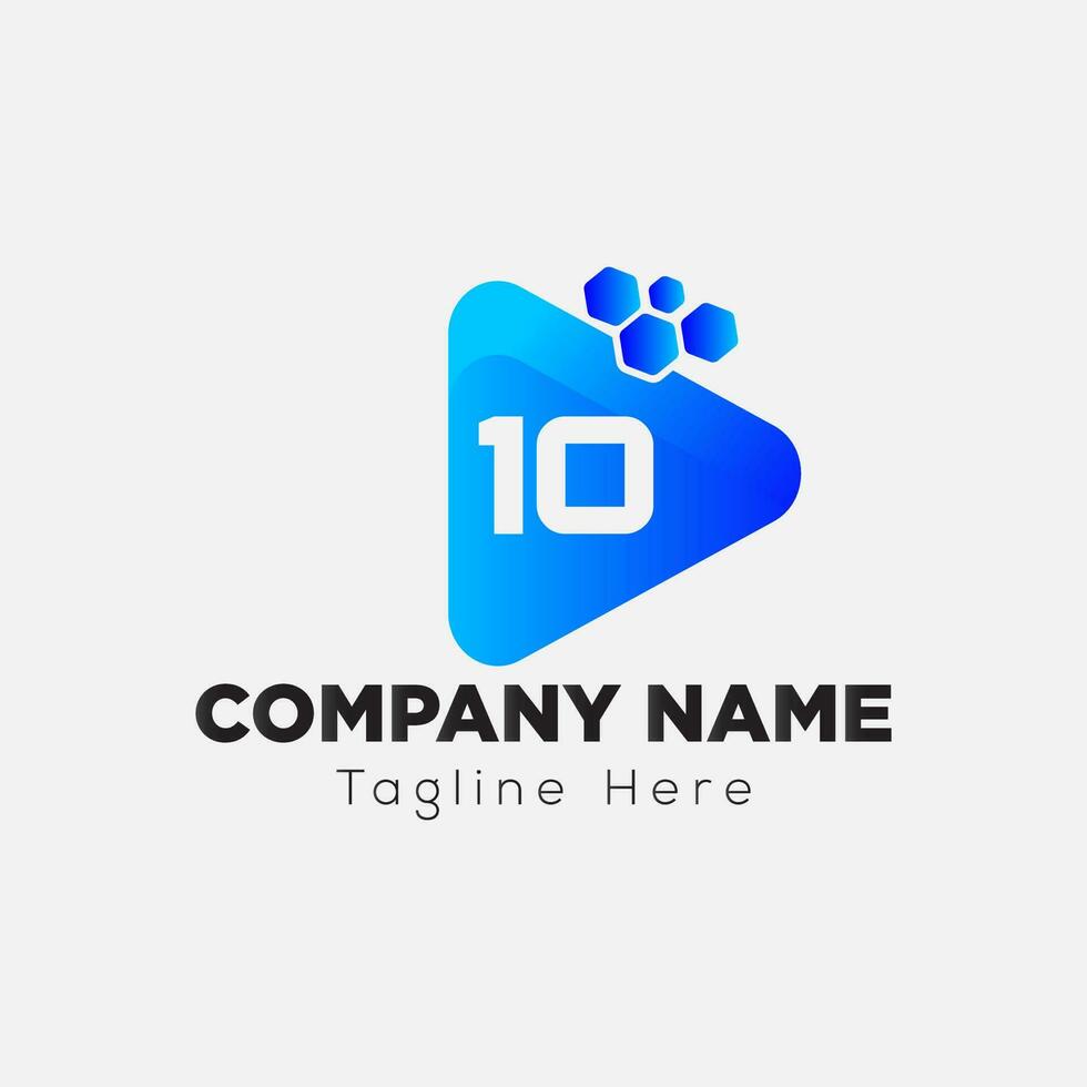 Play Button Logo On Letter 10 Template. Play icon On 10 Letter, Initial Play Sign Concept vector