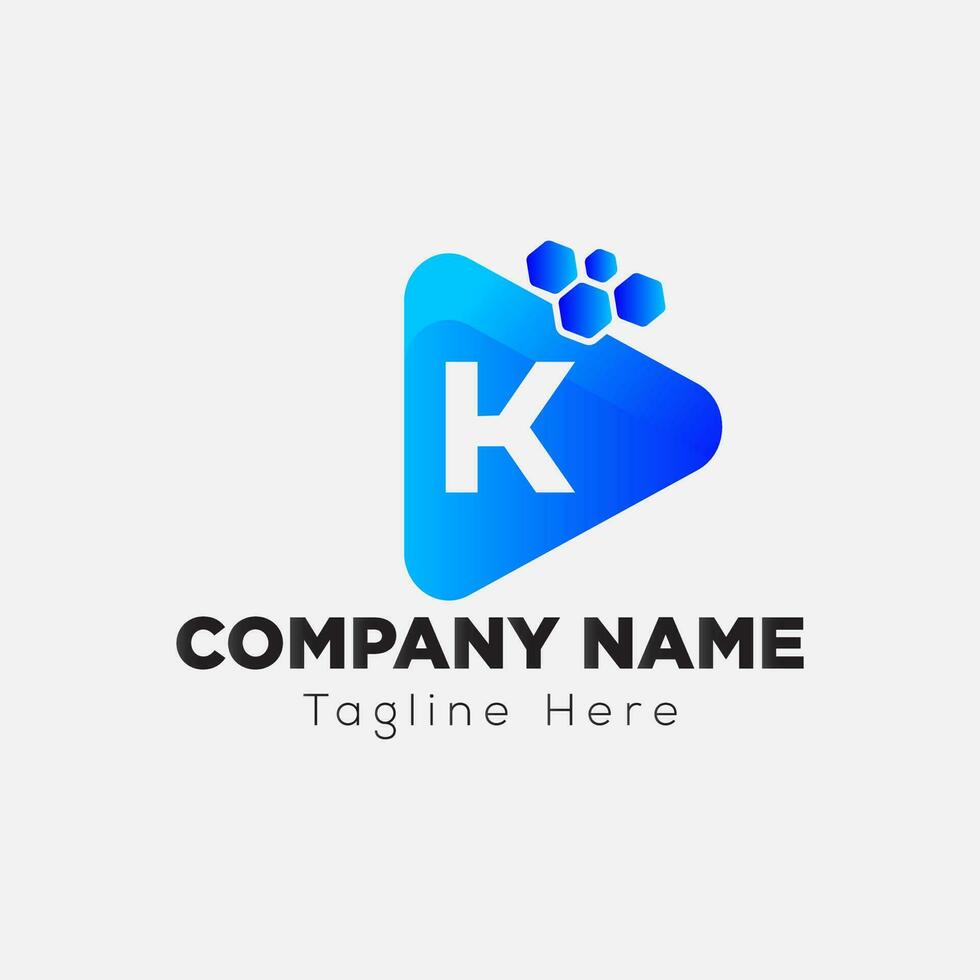 Play Button Logo On Letter K Template. Play icon On K Letter, Initial Play Sign Concept vector