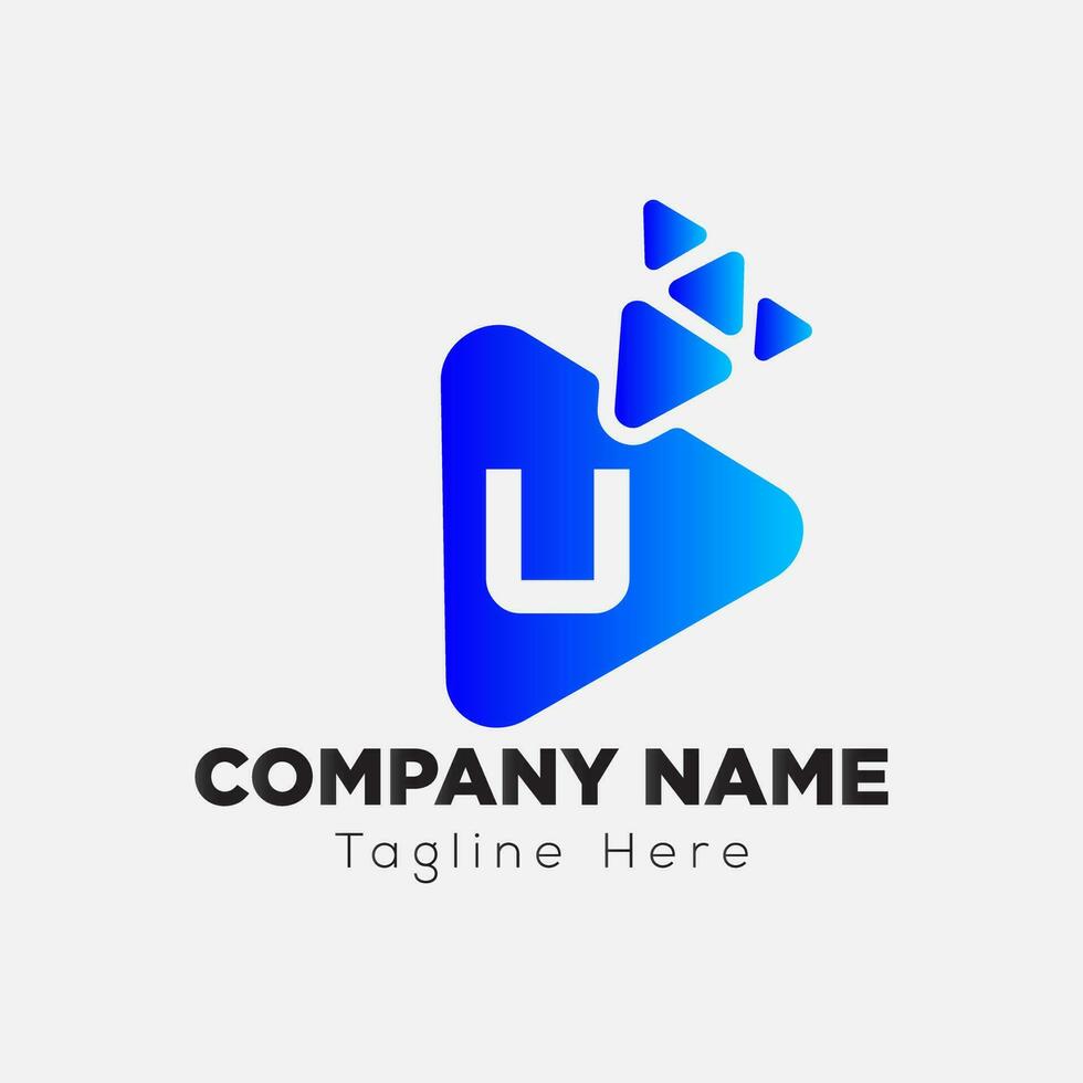 Play Button Logo On Letter U Template. Play icon On U Letter, Initial Play Sign Concept vector