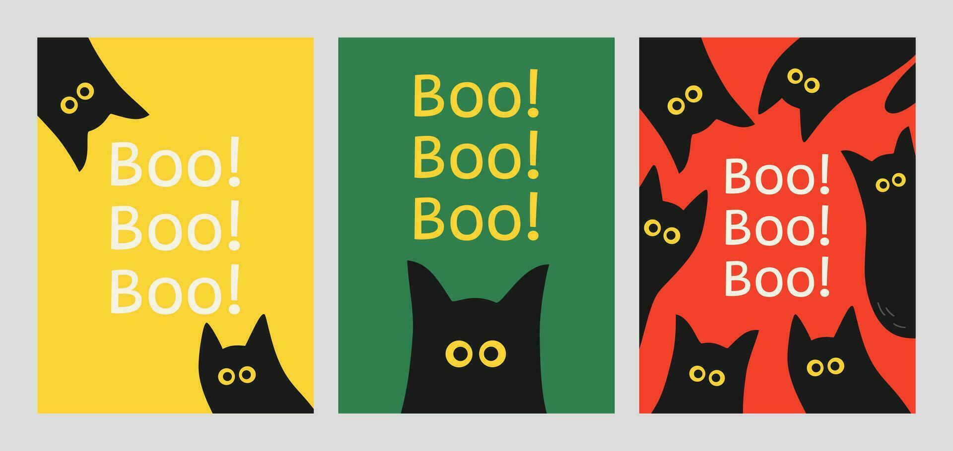 Set of Halloween cards. Vector template for the holiday. Funny black cats.