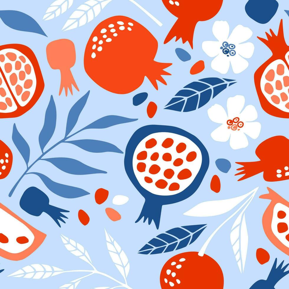 Seamless vector pattern with juicy and bright pomegranates on a blue background. For wallpaper, wrapping paper, textiles, postcards, web page backgrounds, interior decor, menus. Cartoon design.