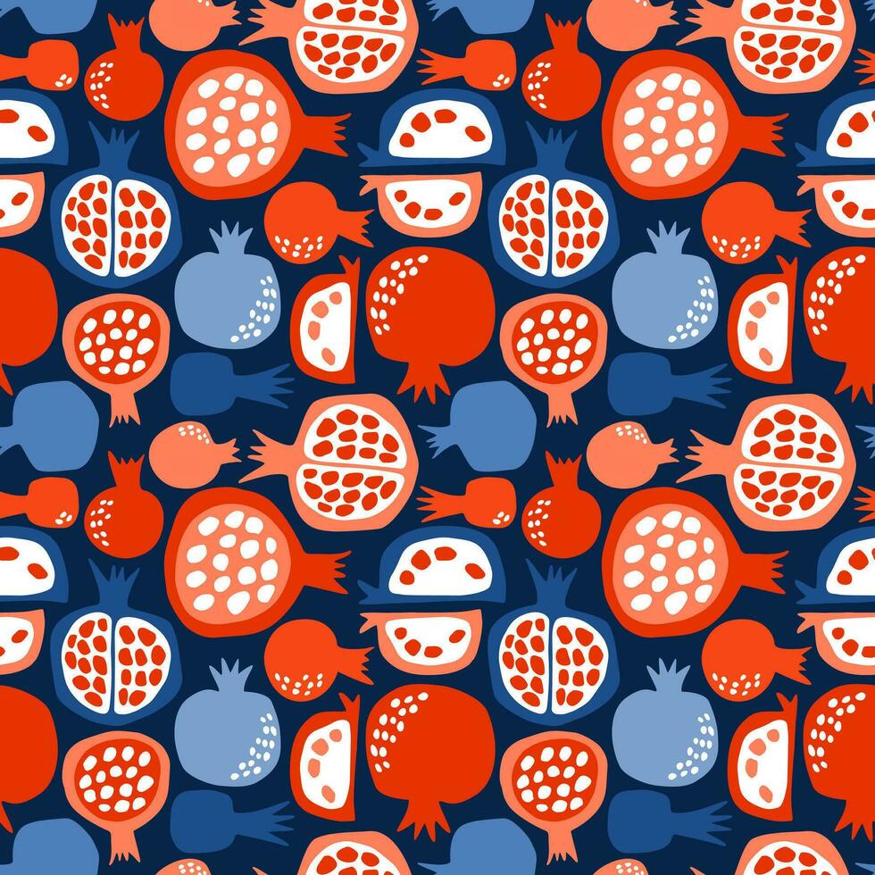 Pattern with bright pomegranates on a dark blue background. Vector digital illustration. For textile, wallpaper, packaging, scrapbooking.