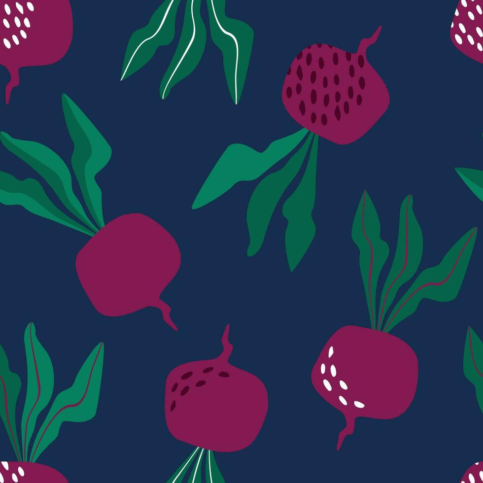Cartoon seamless pattern with colorful beets. Texture for textiles, packaging, wallpapers. Vector illustration isolated on white background.