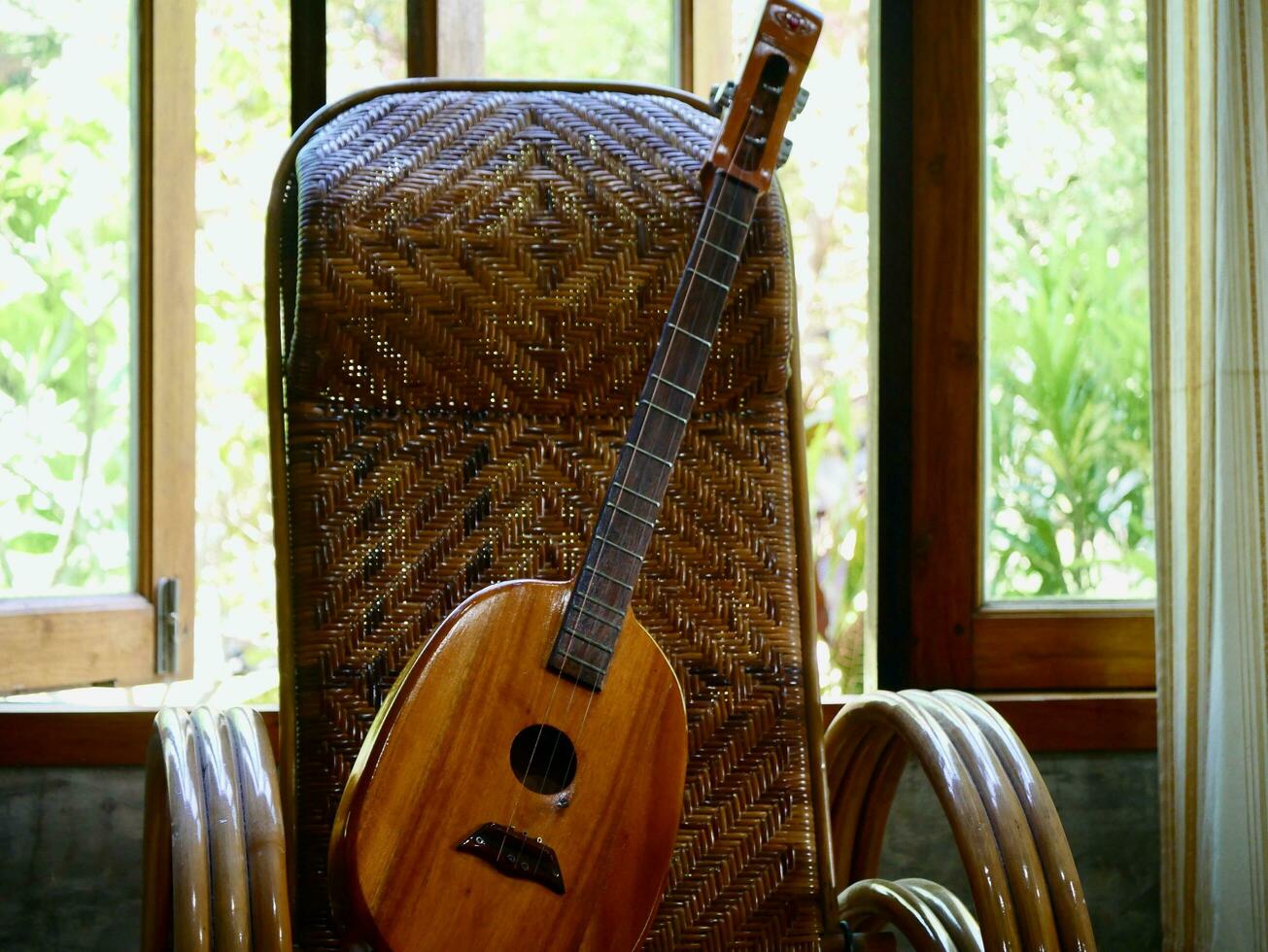 Close up of mandolin art, Mandolin flat style isolated on white. music instrument object concept, guitar on the sofa photo