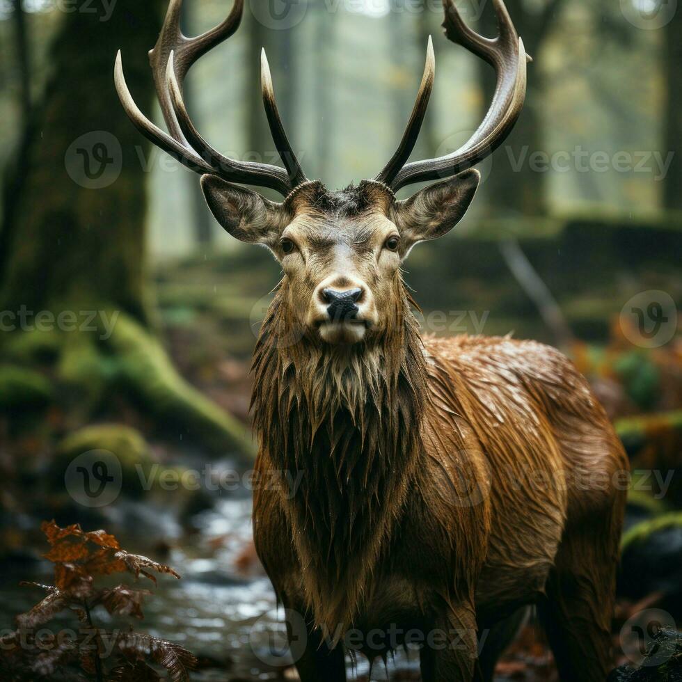 Beautiful red deer stag in the forest. Wildlife scene from nature photo