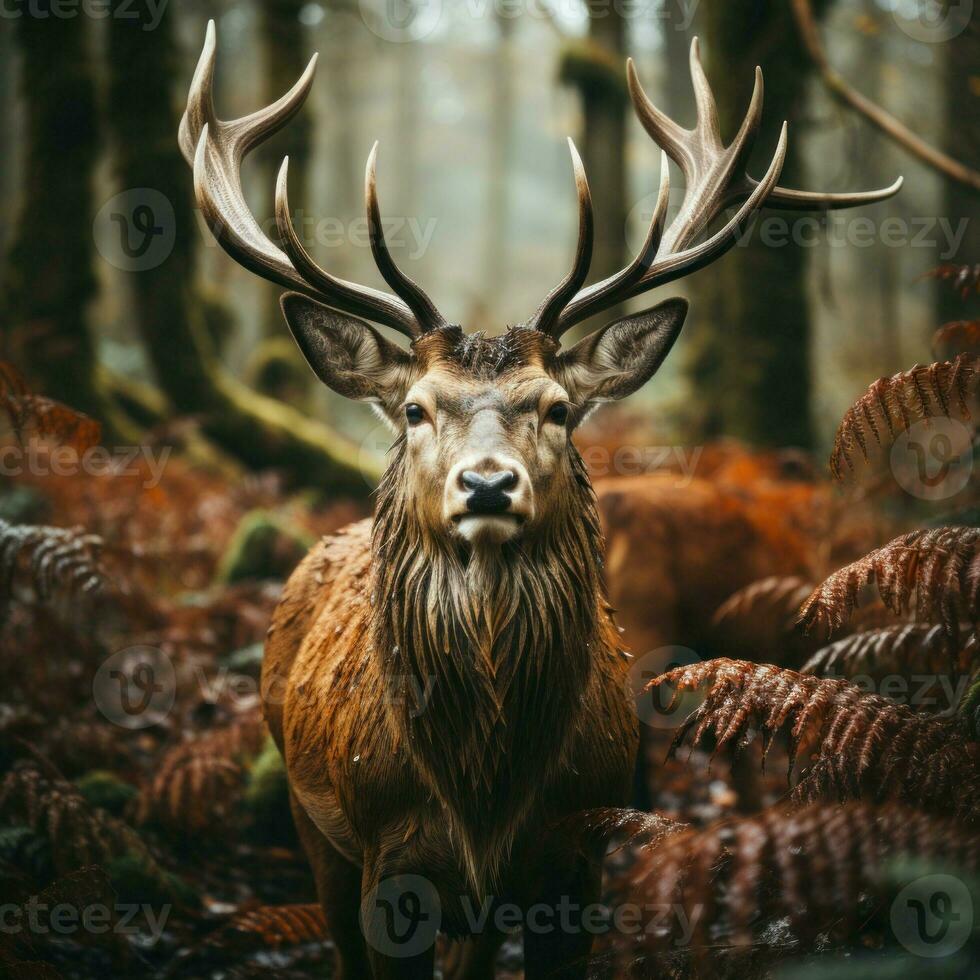 Beautiful red deer stag in the forest. Wildlife scene from nature photo