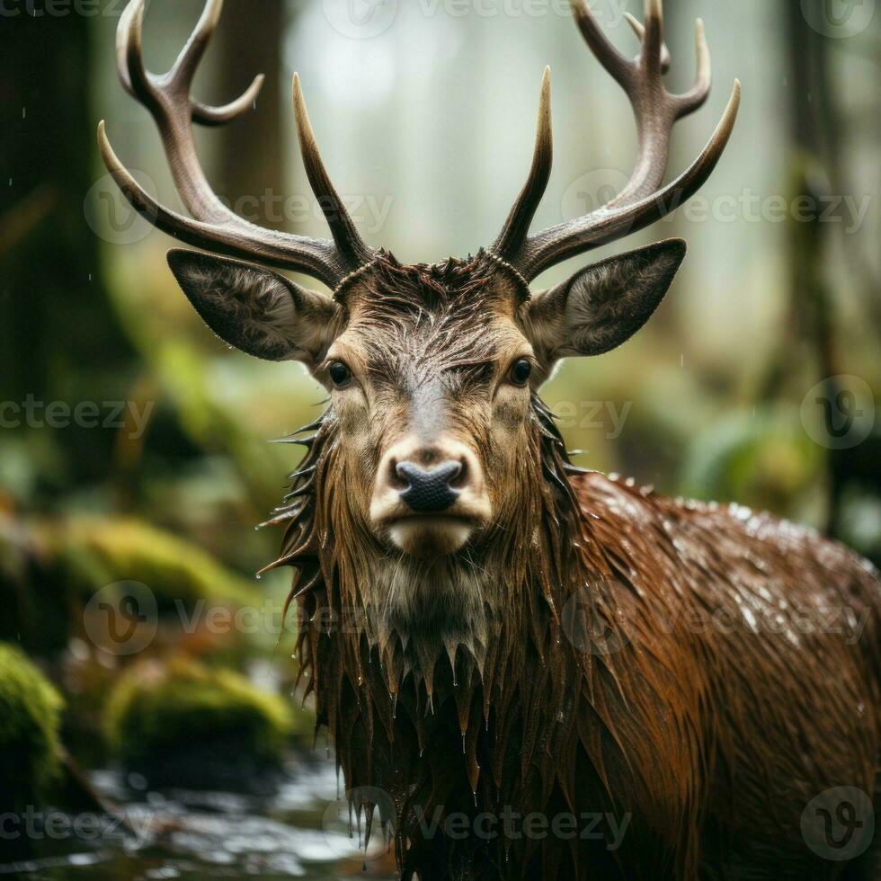 Beautiful red deer stag in the forest. Wildlife scene from nature photo