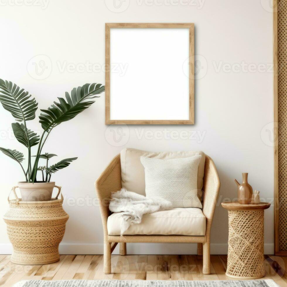 Mock up poster frame in interior background, Scandinavian style , AI-generated photo