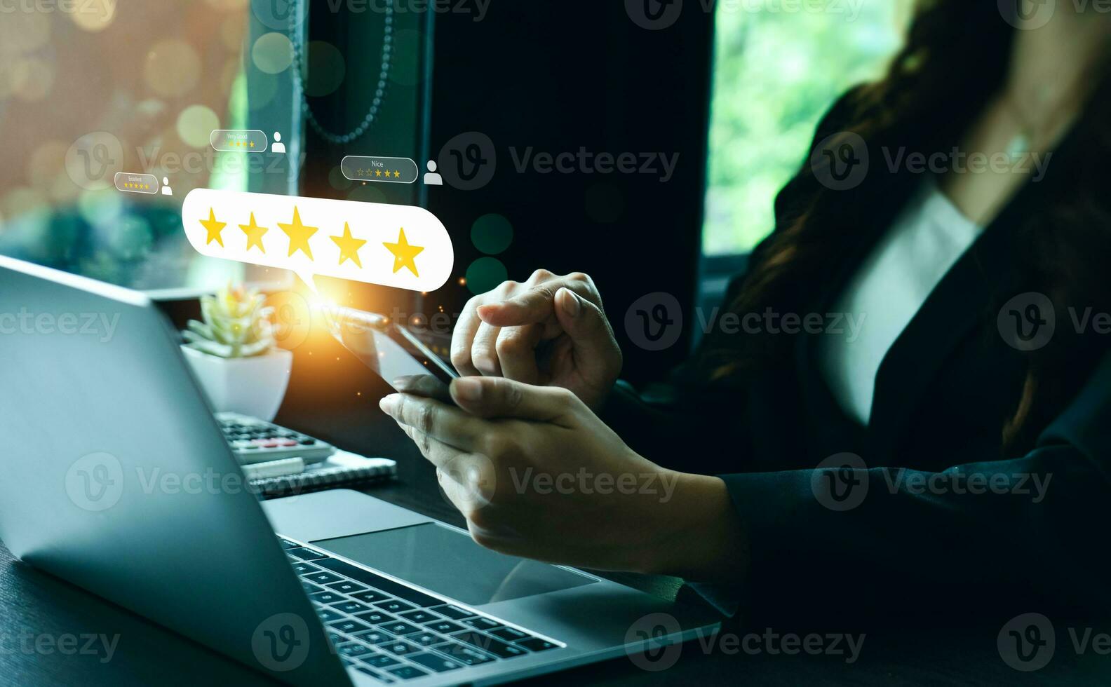 Customer review satisfaction feedback survey concept. Business people rate service experience and product quality or staff friendliness and overall value for the price. information, amend, improve photo