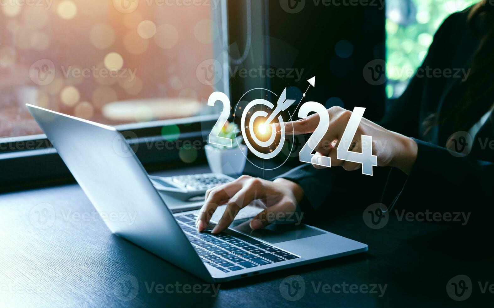 business goals trends 2024. analytical businesswoman planning business growth 2024, strategy digital marketing, profit income, economy, stock market trends and business, technical analysis strategy photo