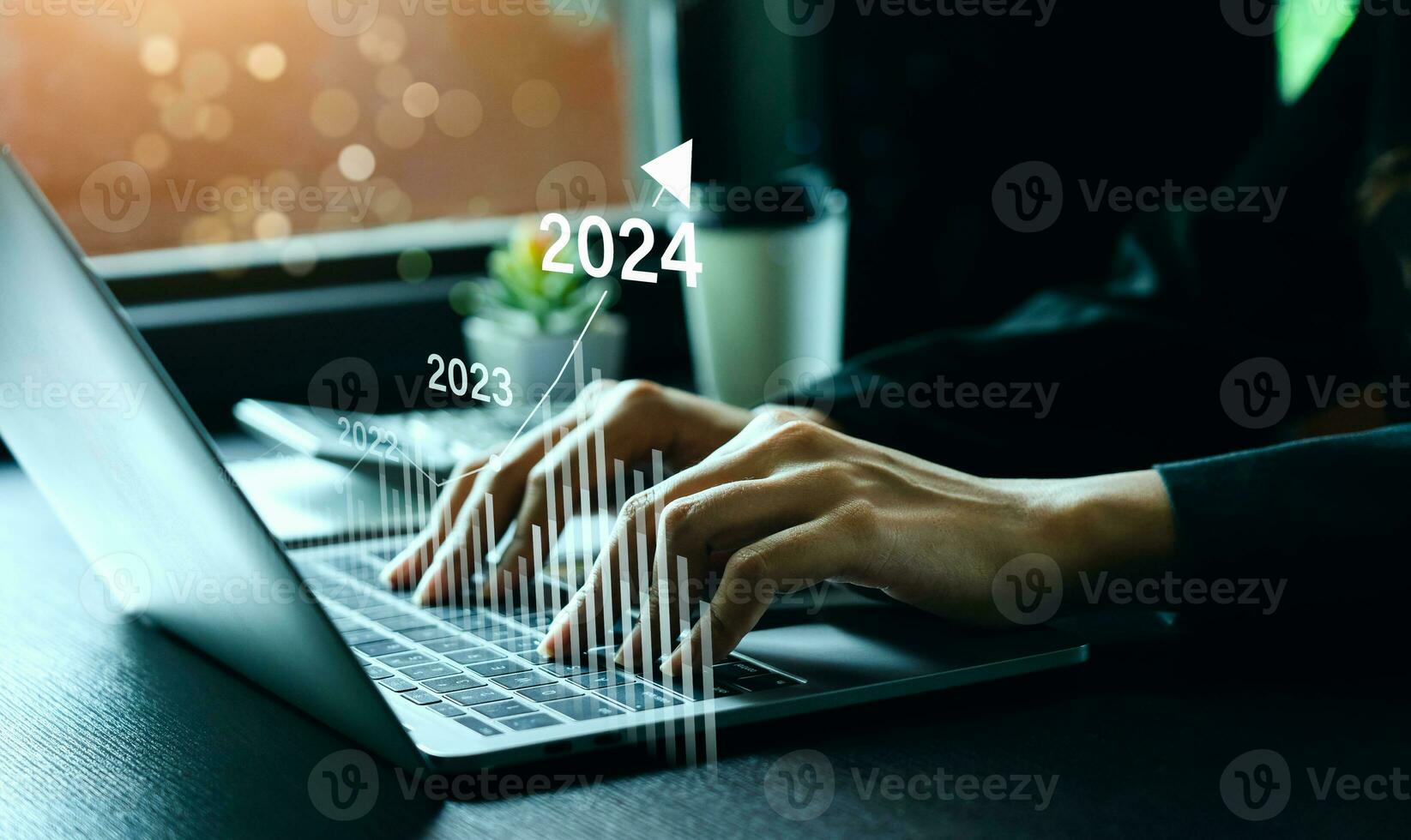 financiero negocio crecimiento 2024, persona de negocios análisis rentabilidad de trabajando empresas con digital aumentado realidad gráficos, empresario calculador financiero datos para a largo plazo inversiones foto