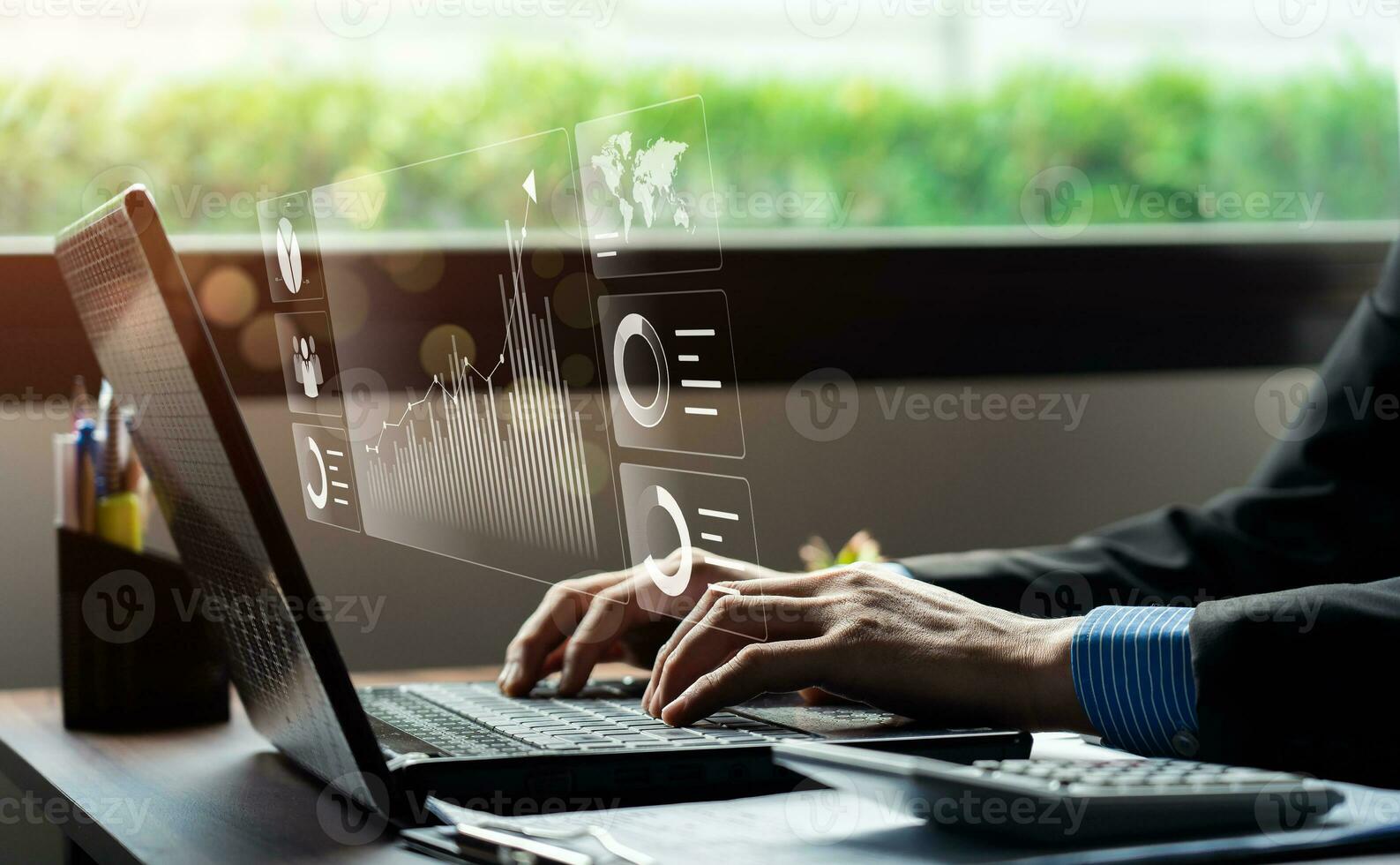 Businessman analyzing business enterprise data management, Business analytics with charts, metrics and KPIs to performance organization. Corporate strategy for finance, operations, sales, marketing photo