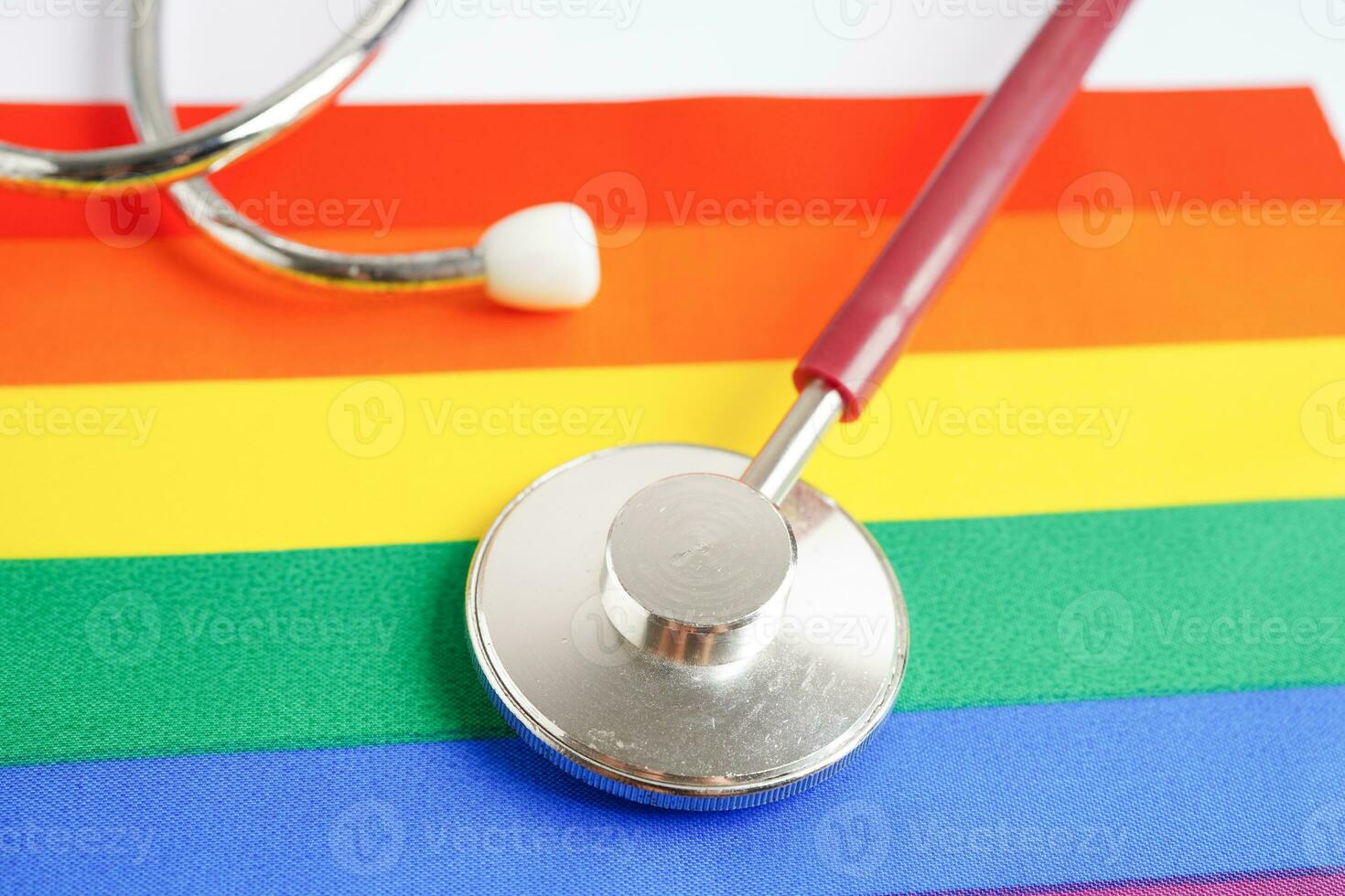 LGBT symbol, Stethoscope with rainbow ribbon, rights and gender equality, LGBT Pride Month in June. photo