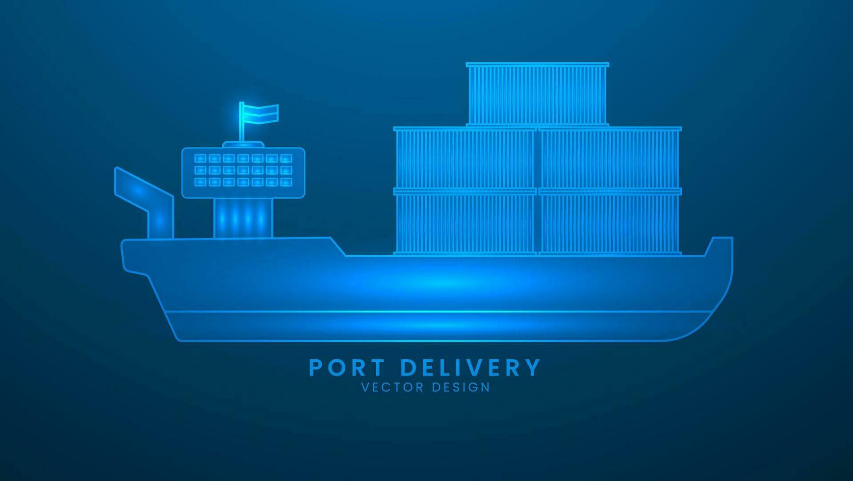 Cargo sea port. Global shipping solutions. Transport logistics, ship port delivery service. Vector illustration with light effect and neon