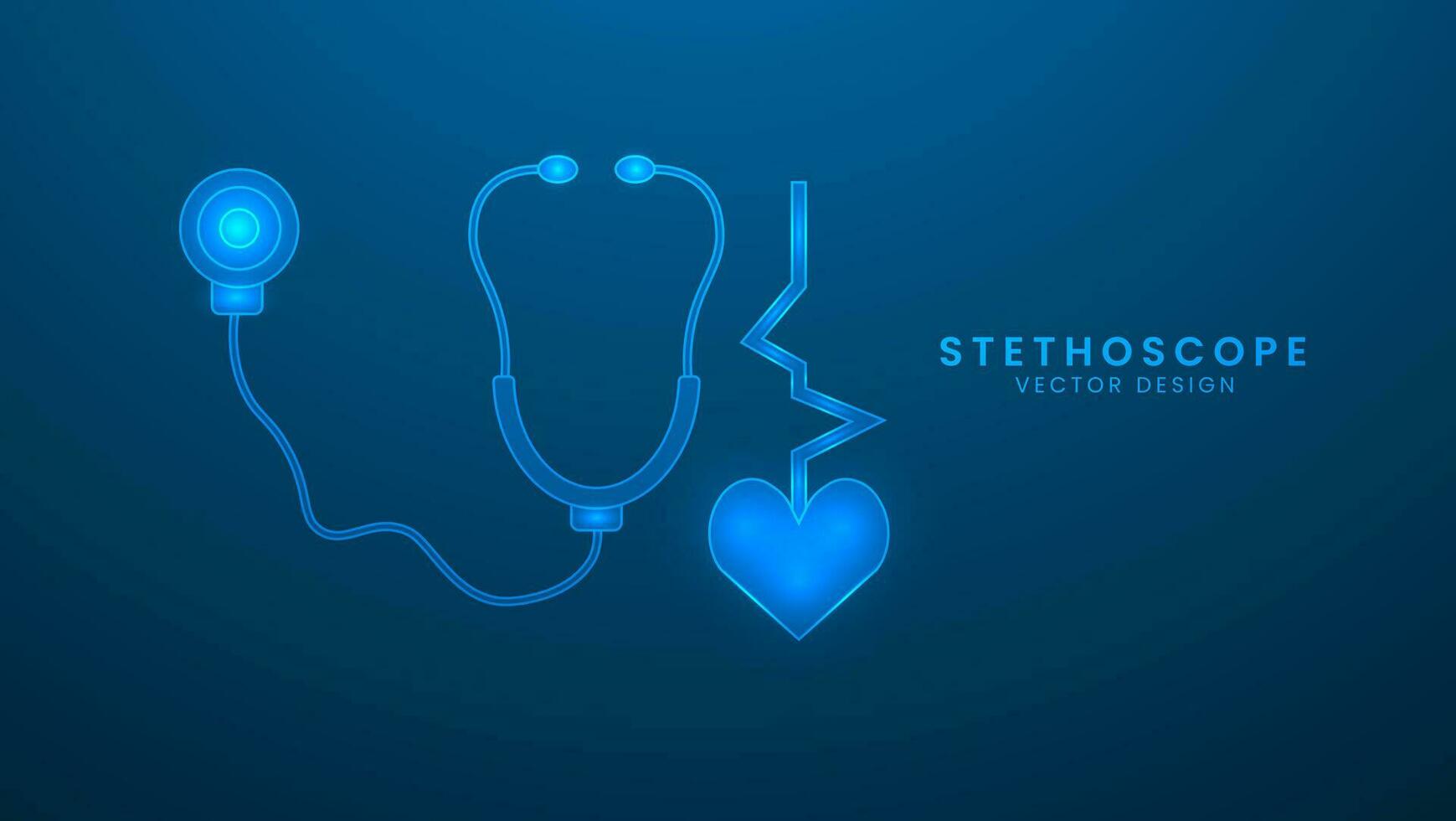 Medical stethoscope for heart rate. Healthcare and medicine concept. Vector illustration with light effect and neon