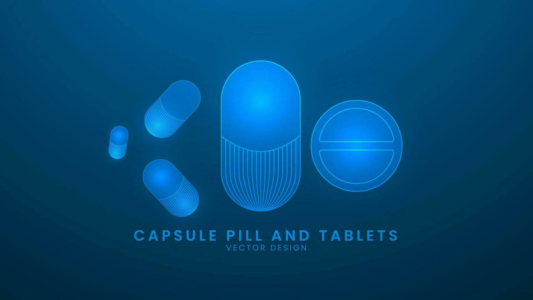 Pharmaceutical medical pills, capsules, and tablets. Healthcare and medicine concept. Vector illustration with light effect and neon