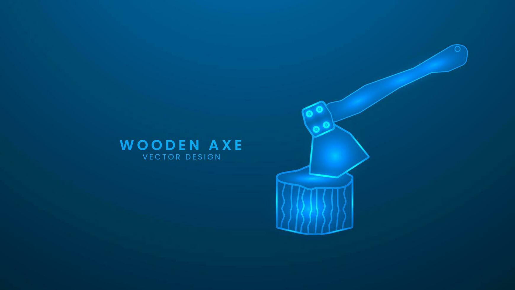 Axe tool with wooden handles. Camping tourism activity and expedition adventure. Vector illustration with light effect and neon