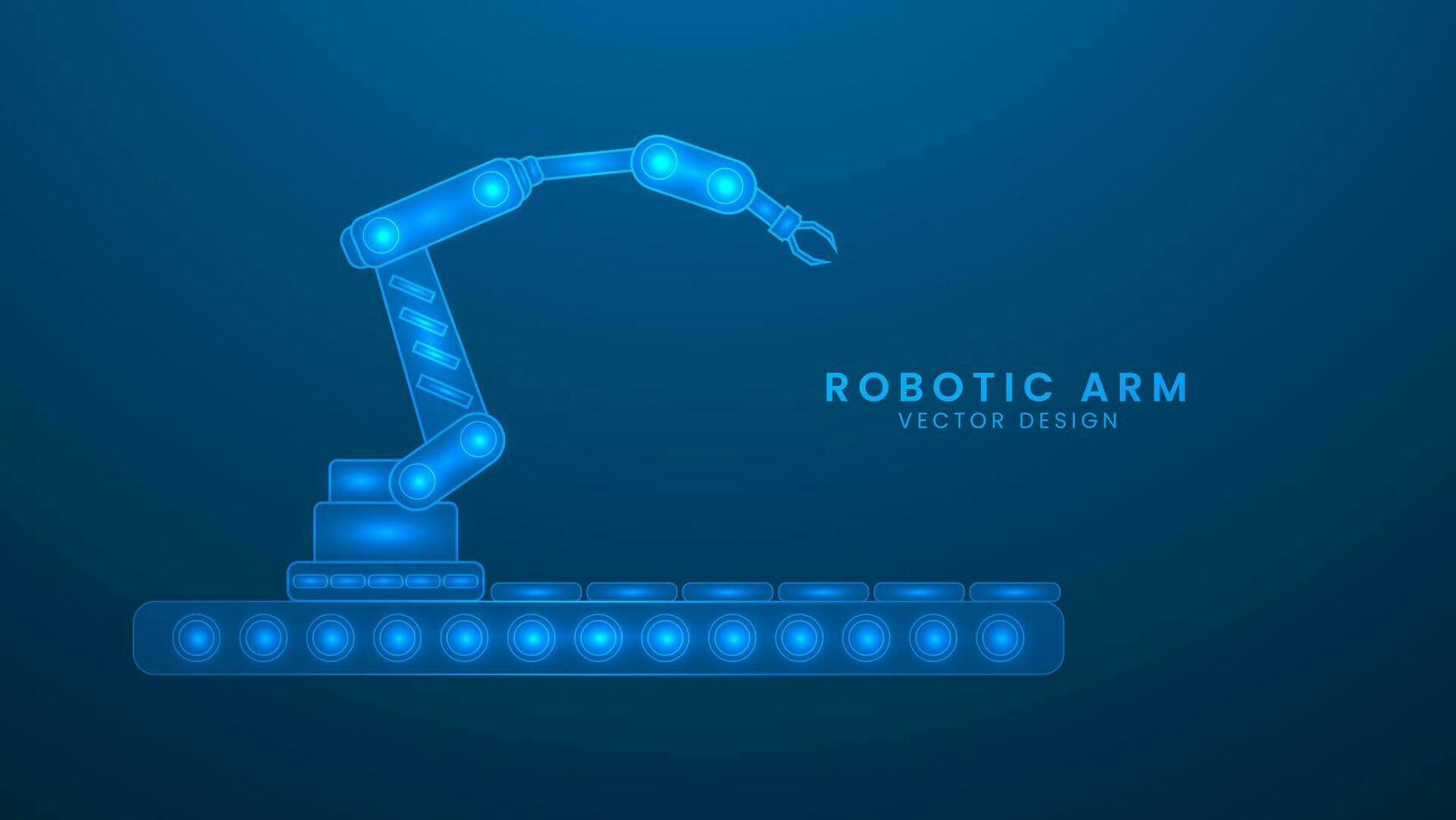 Industrial robot arm machine. Modern industrial technology. Vector illustration with light effect and neon