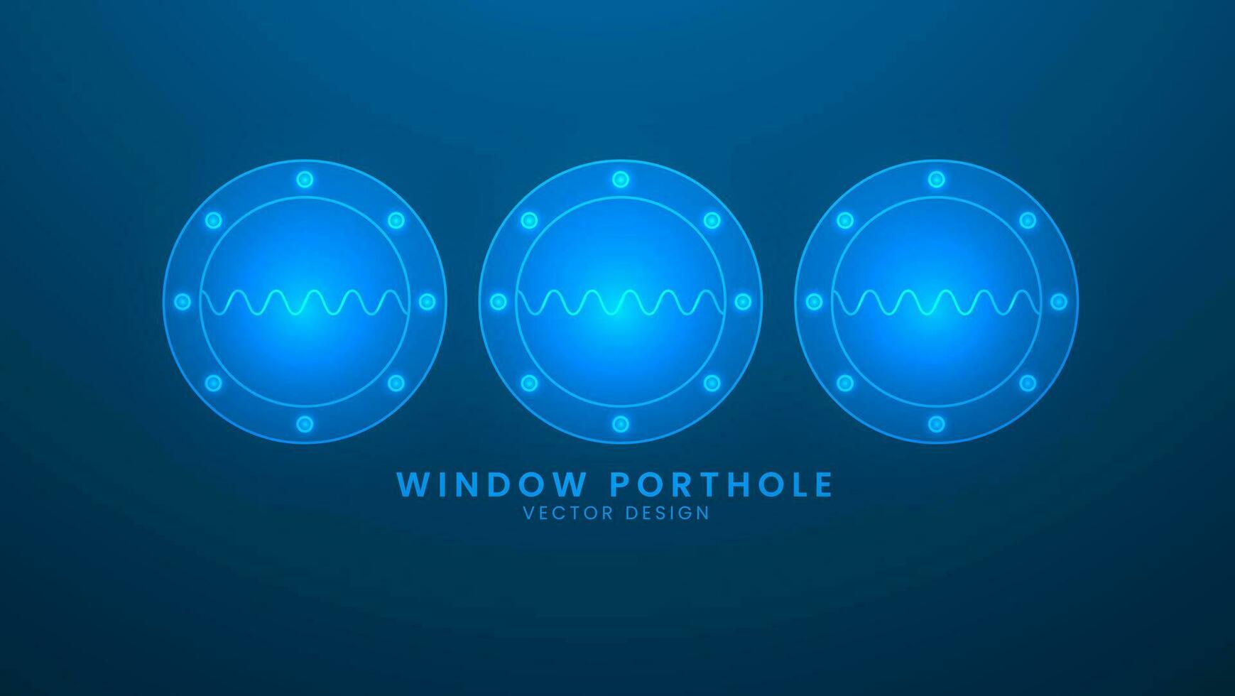 Round window porthole. Glass windows with steel frame. Vector illustration with light effect and neon