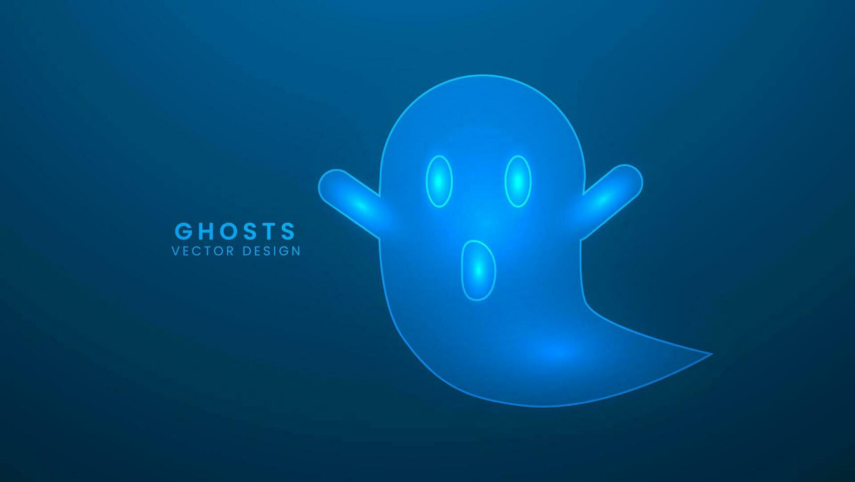 Halloween ghosts with emotions and face expressions. Vector illustration with light effect and neon