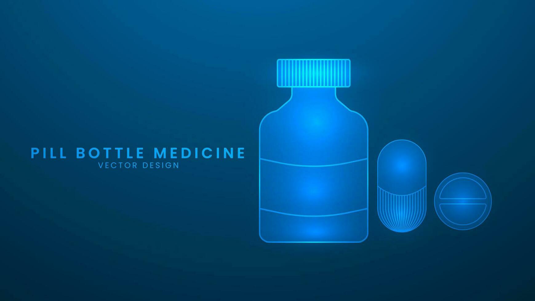 Medicine bottle with pills, capsules, and tablets. Healthcare and medicine concept. Vector illustration with light effect and neon