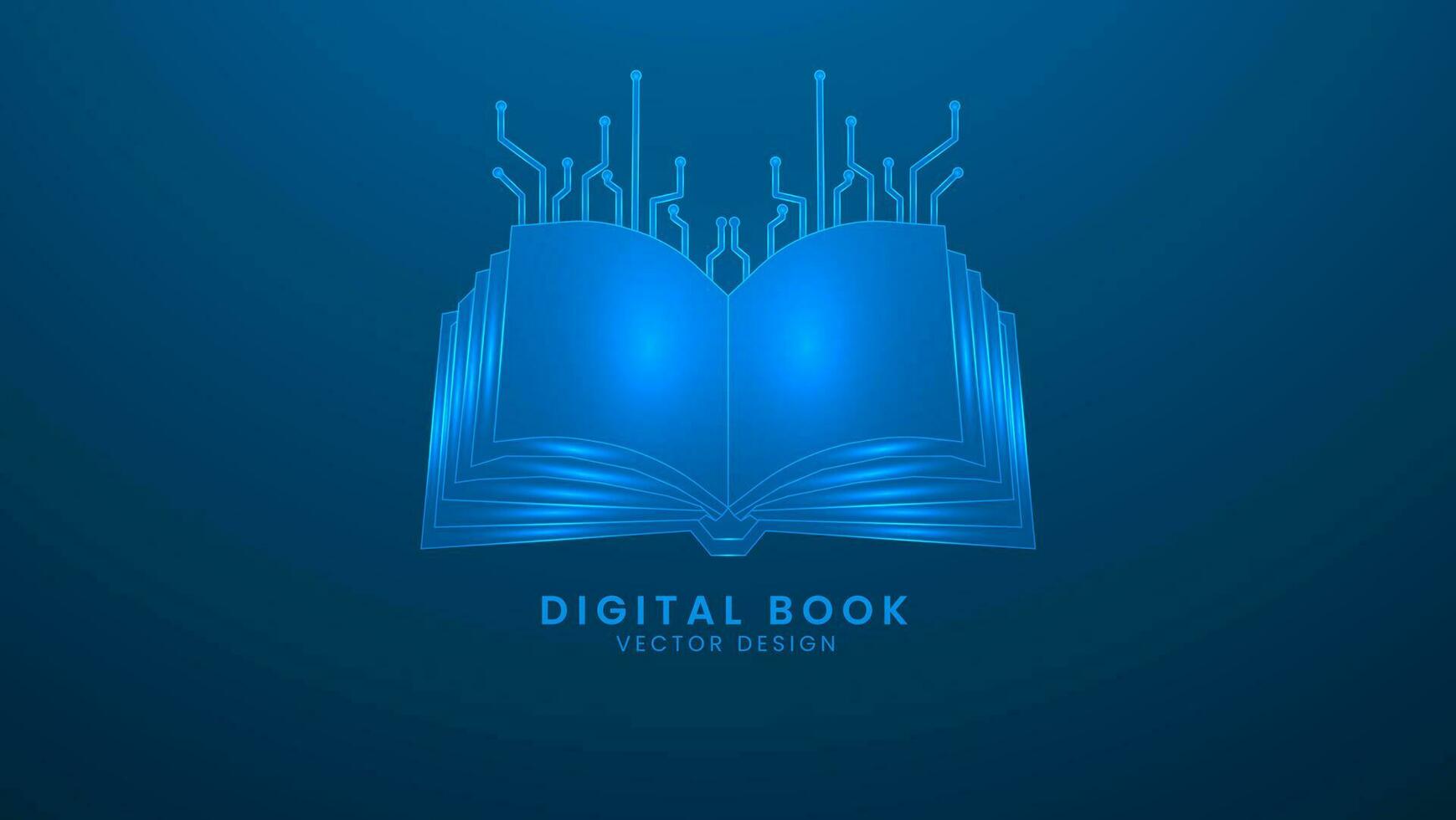 Digital book with circuit board. Artificial Intelligence and Machine Technology Concept. Vector illustration with light effect and neon