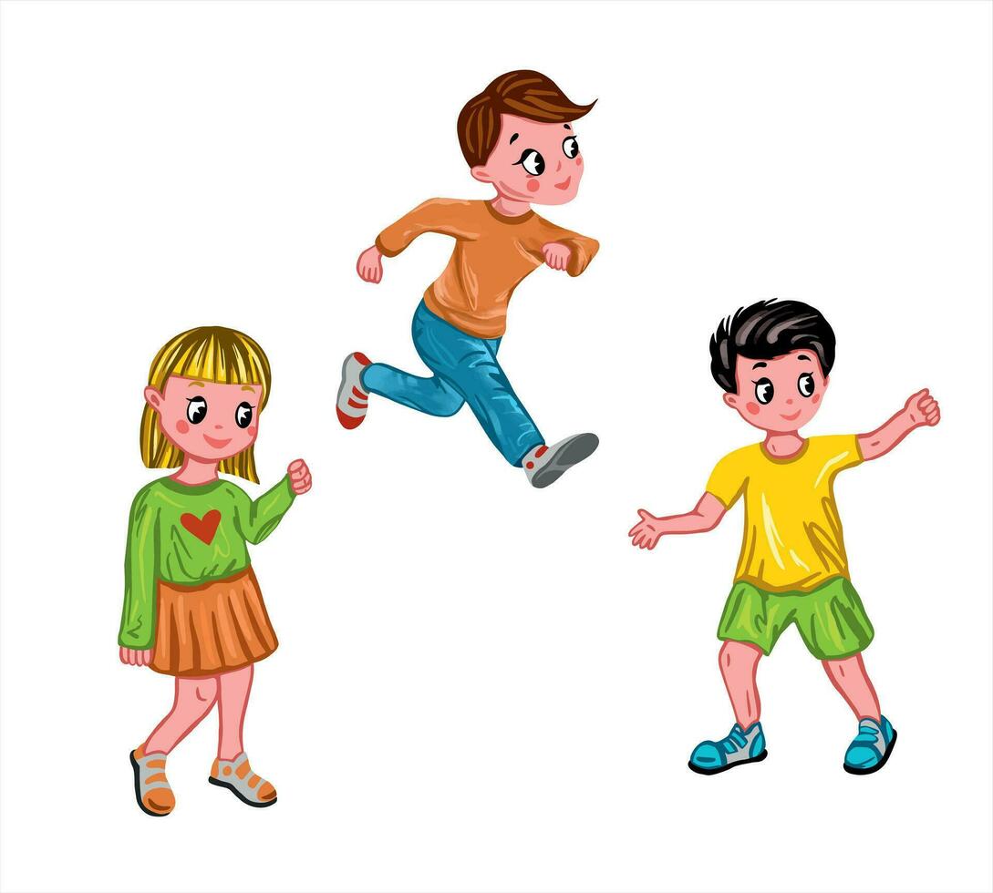 Children, two boys and a girl. Vector illustration on a children's theme. Design element for greeting cards, invitations, posters, banners, book illustrations.