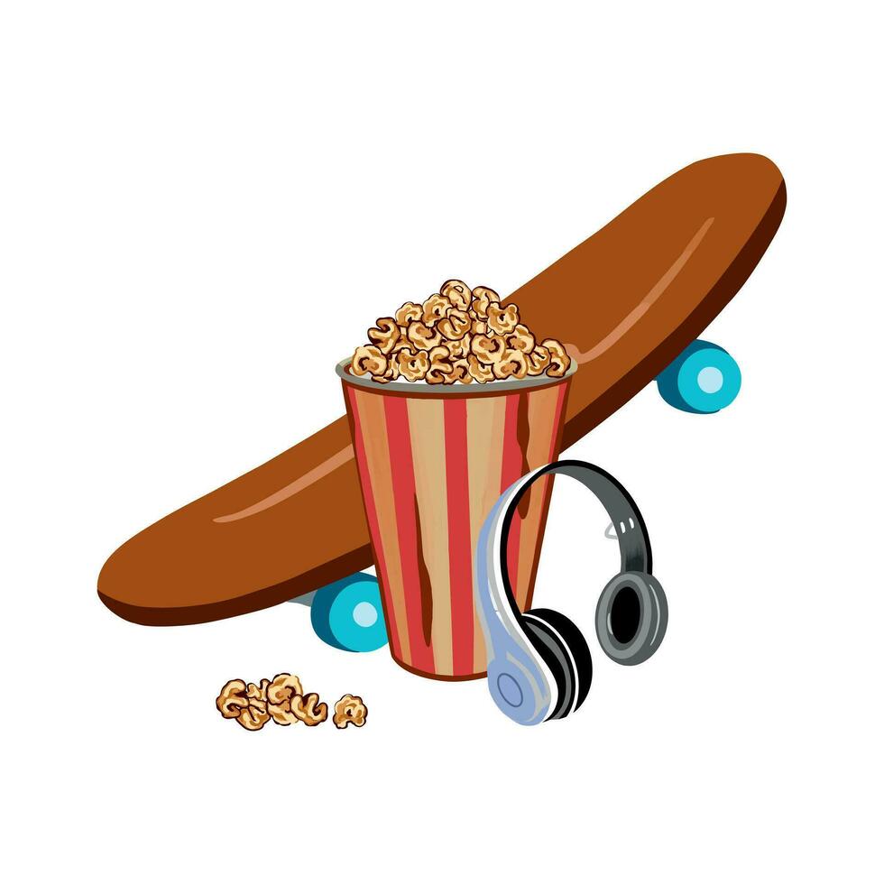 Popcorn in a striped basket, headphones, skateboard. Vector illustration. Design element for greeting cards, invitations, covers, banners, posters, flyers.