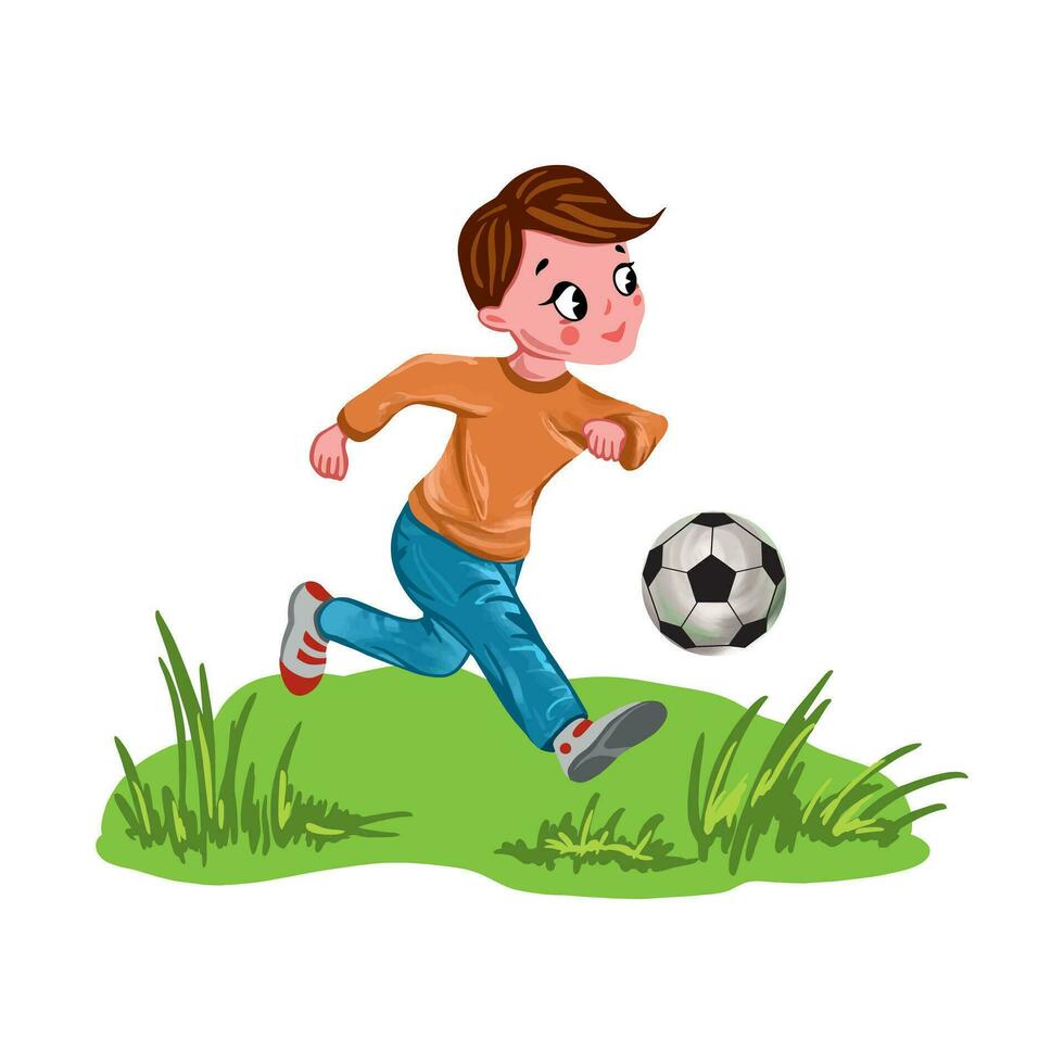 A boy plays with a ball on a green lawn. Vector illustration on a children's theme. Design element for greeting cards, invitations, themed banners, book illustrations.