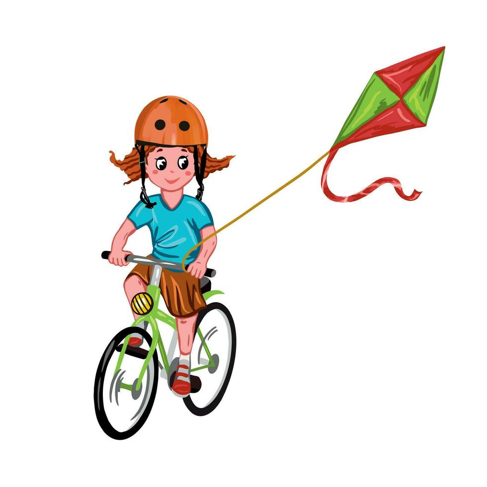 un niña en un casco en un bicicleta con un cometa. vector ilustración en un para niños tema. diseño elemento para saludo tarjetas, invitaciones, carteles, pancartas, libro ilustraciones.