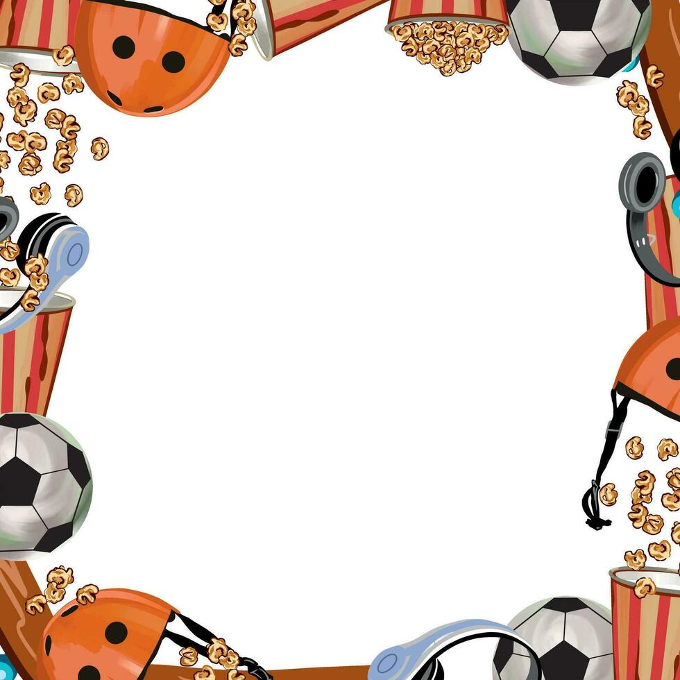 Helmet, popcorn, headphones, ball. Square frame. Template for inserting text. Vector illustration. Design element for greeting cards, invitations, flyers, banners, posters.