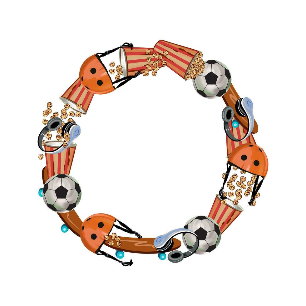 Popcorn, bicycle helmet, soccer ball, headphones. Circular object wreath. Vector illustration. Design element for greeting cards, invitations, themed banners, flyers, posters.