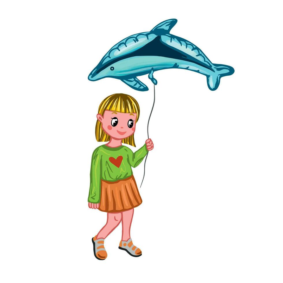 A girl with a fish-shaped balloon in her hands. Vector illustration on a children's theme. Design element for greeting cards, invitations, posters, banners, book illustrations.