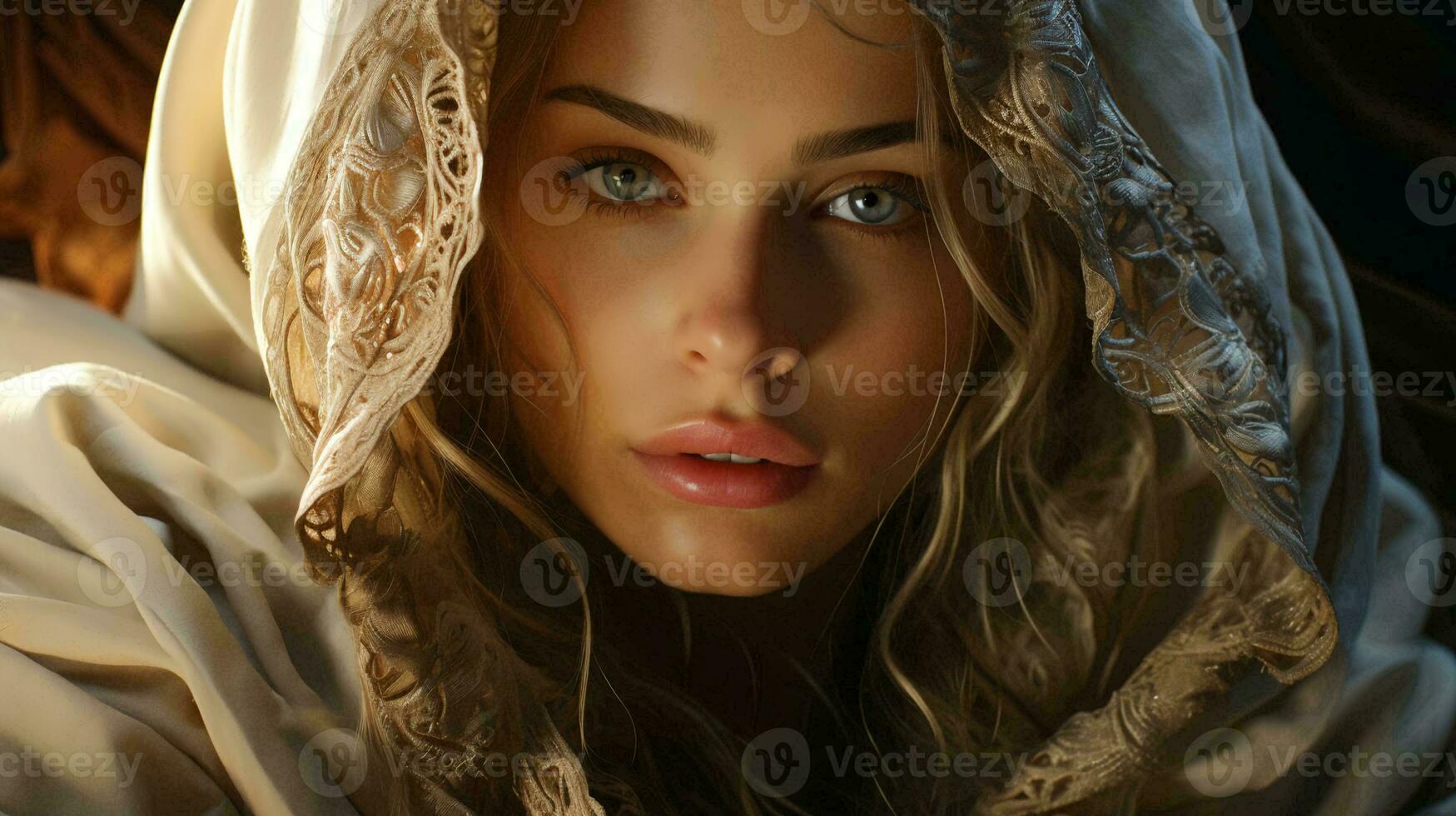 Beautiful woman in Arabic Muslim oriental headscarf face close-up photo