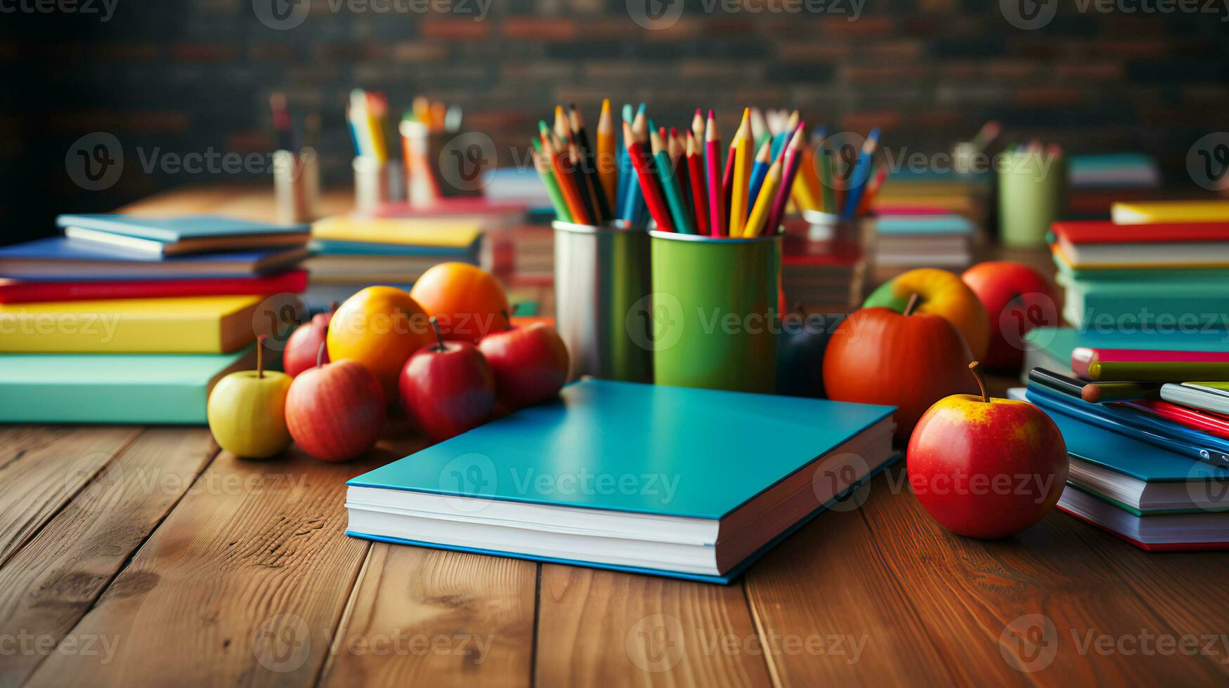 Books textbooks notebooks pencils and pens with apples for studying and learning on the surface of the school table photo