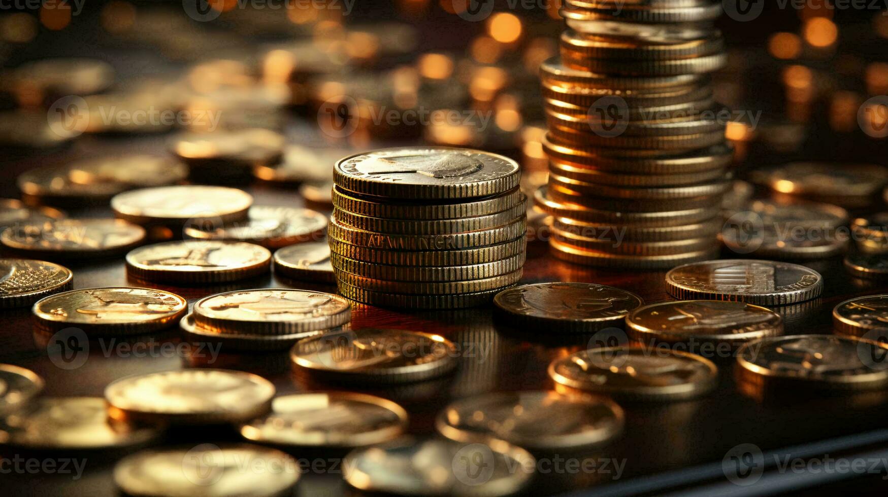 Gold coins and money are scattered on the table. Concept of wealth and saving money photo