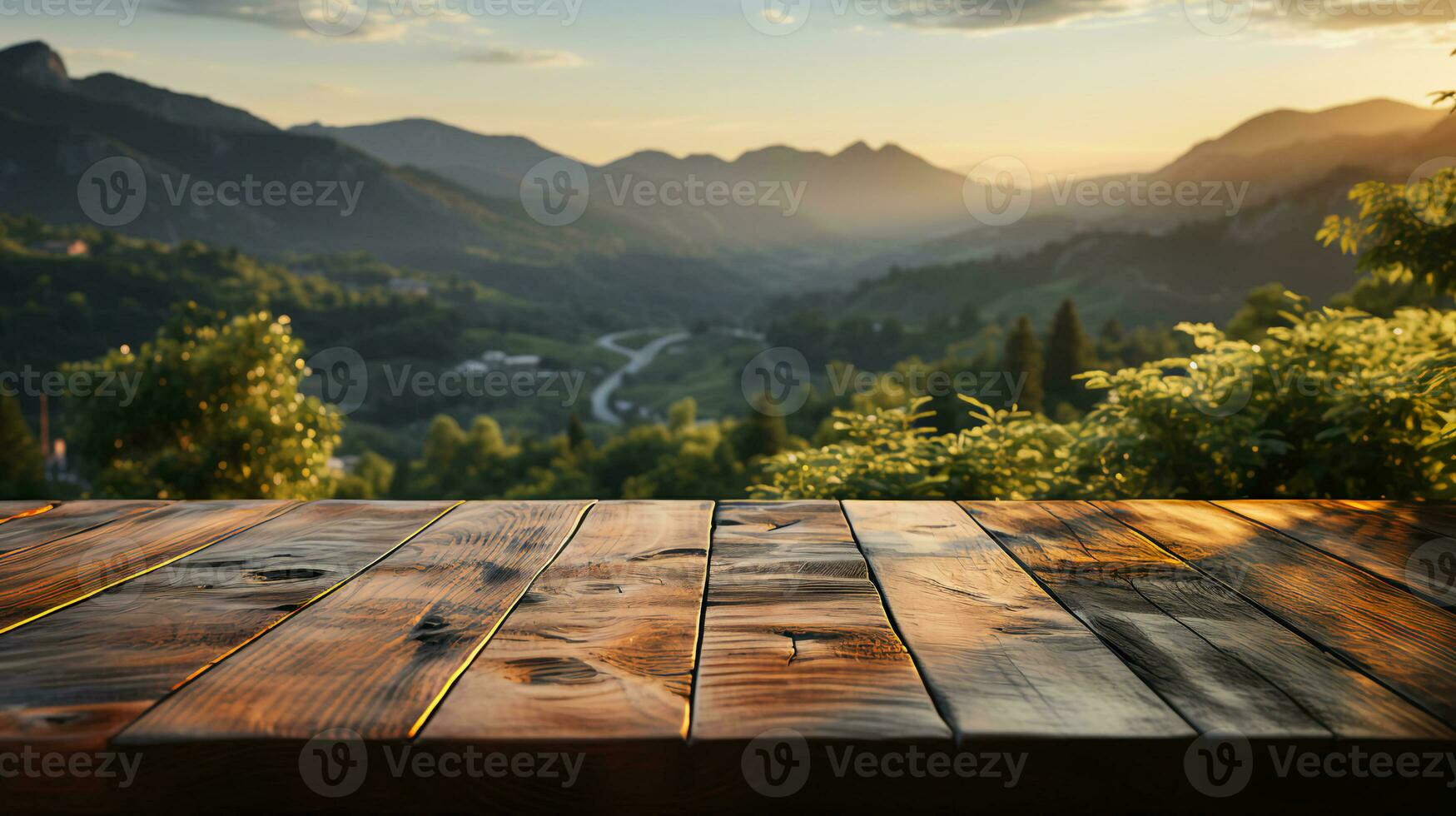Wooden floor surface made of natural boards against the backdrop of forest and mountain nature photo