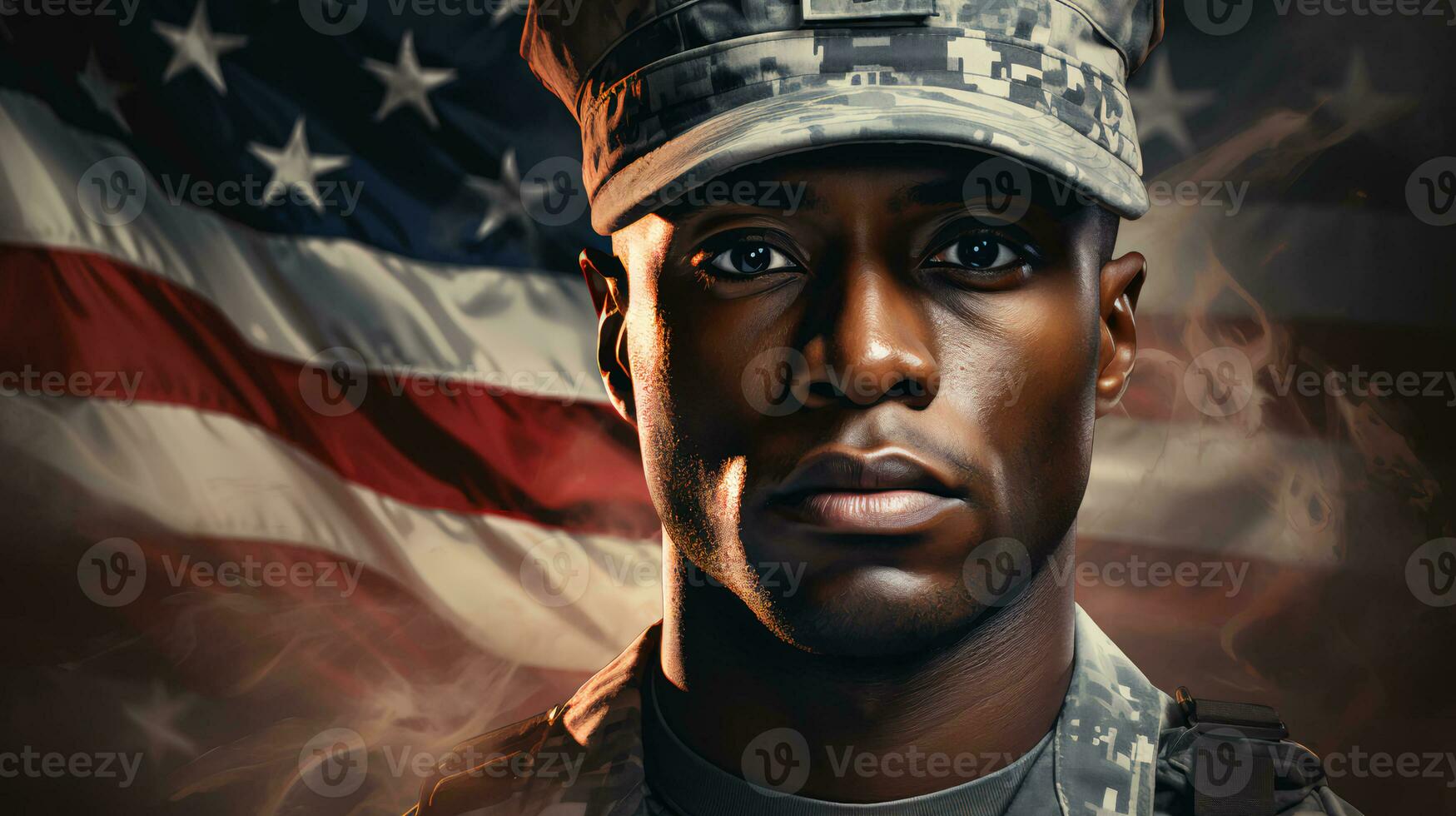 American military soldier Marine in uniform against the background of the American flag for Independence Day photo