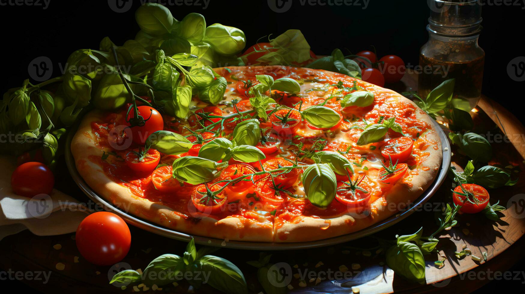 Delicious Italian pizza with pepperoni and tomatoes photo