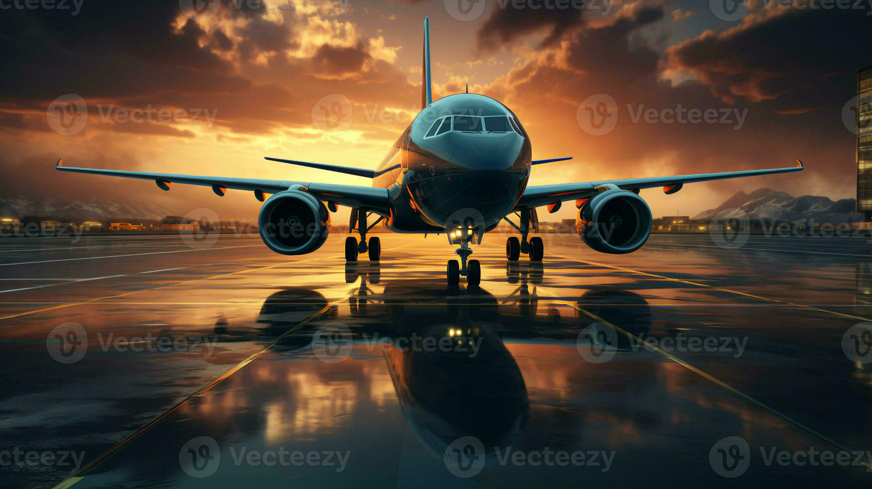Large passenger plane on the runway at sunset. Vacation travel and flights concept photo