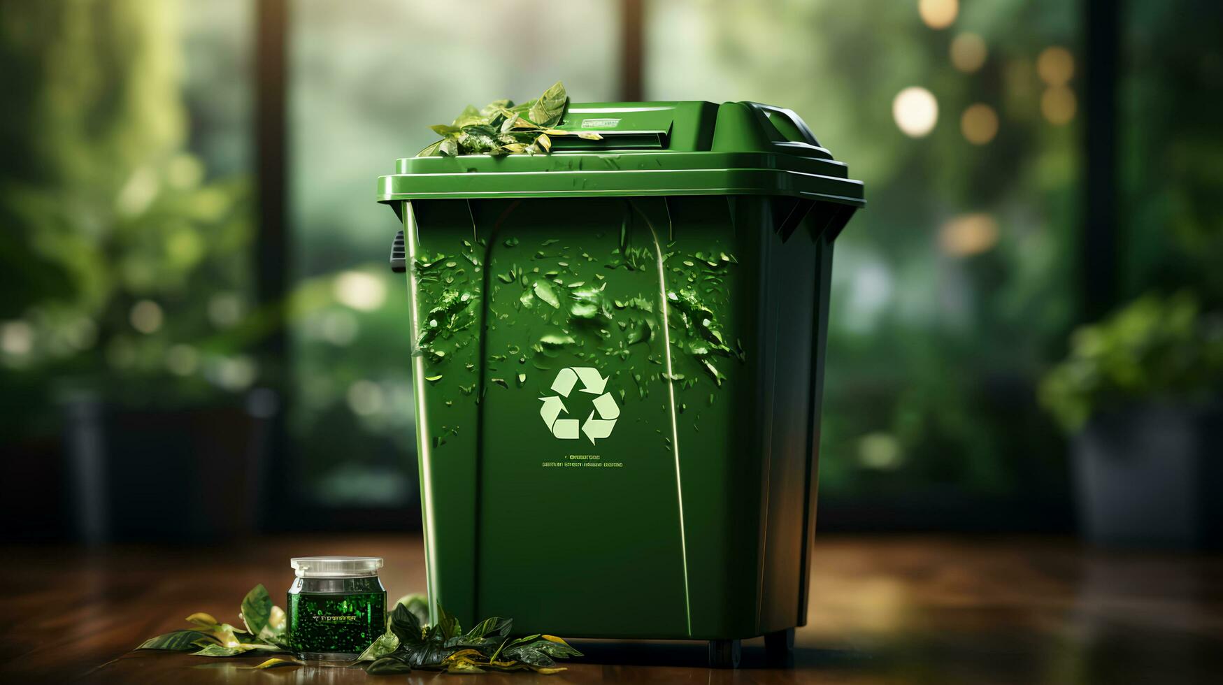 Green trash can for recycling waste. The concept of ecology and separate waste collection photo