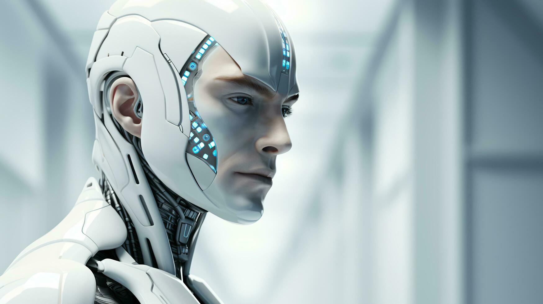 Face of a futuristic high-tech cyborg robot male. Connecting man and computer with artificial intelligence in the future of humanity photo