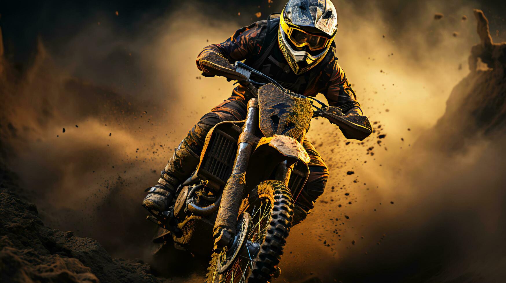 Motorcyclist rides a rally motorcycle through mud and sand on the off-road during a motocross race photo