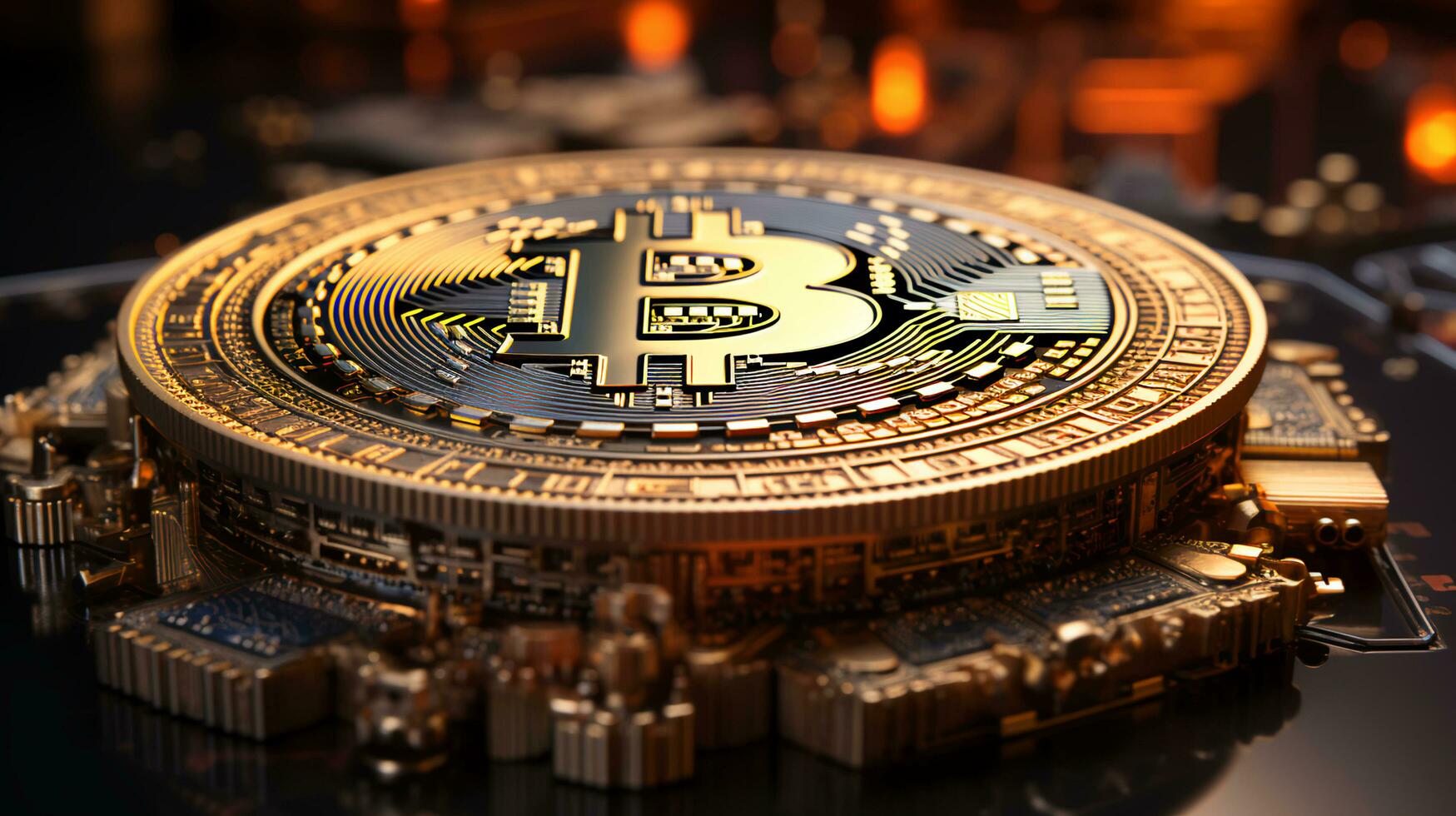 Bitcoin cryptocurrency gold coin on a computer chip for mining photo