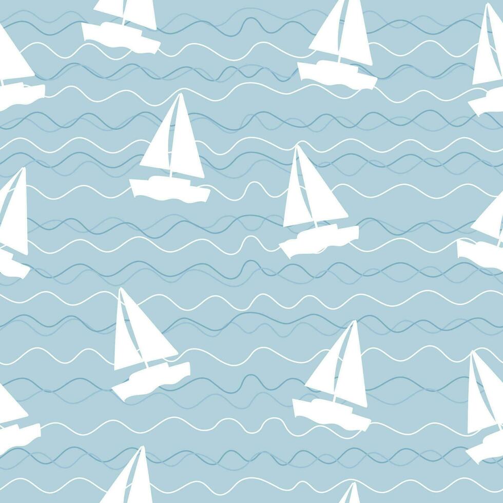 Seamless pattern with sailboats and waves on blue background vector