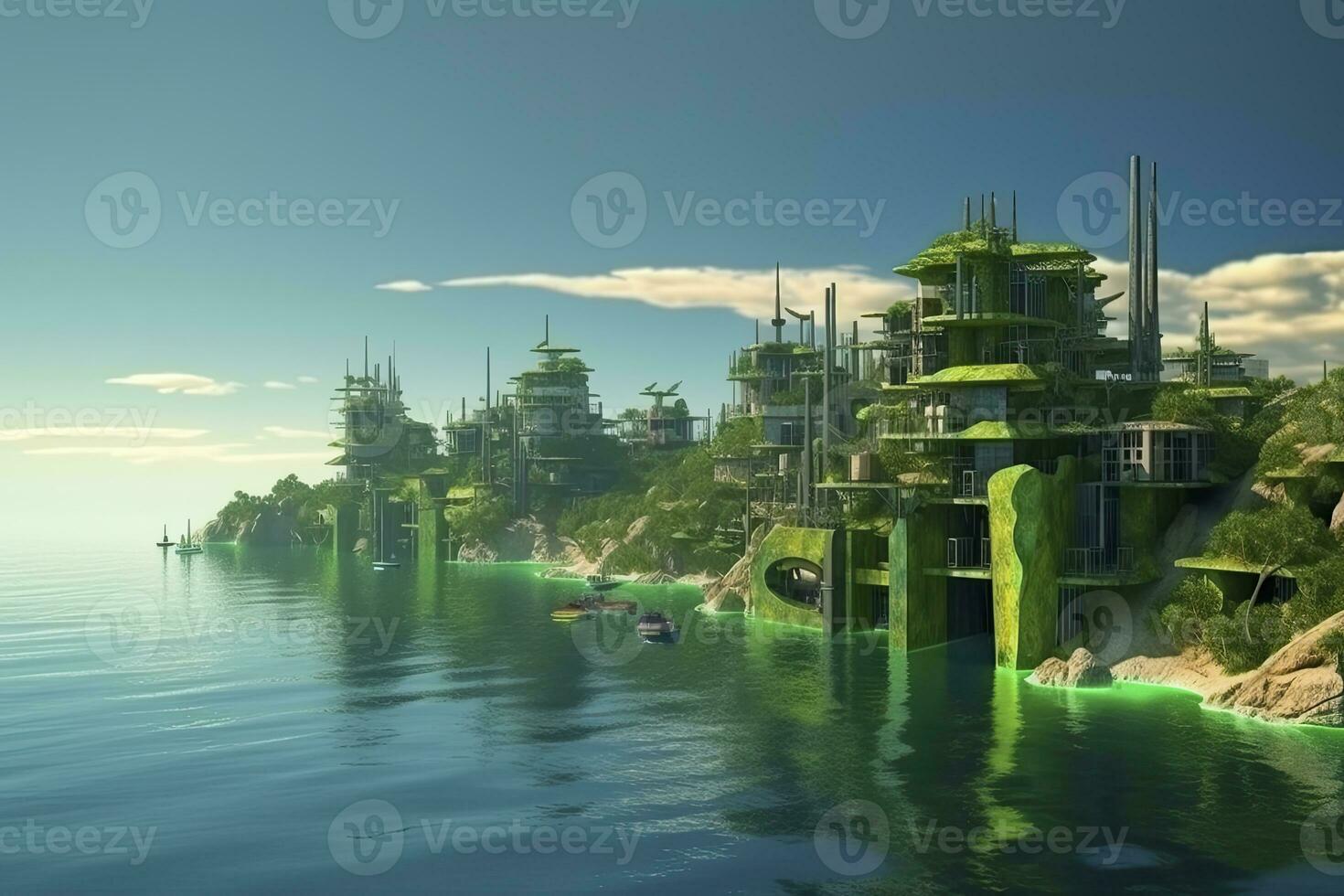 futuristic area of the city near the sea.AI generated photo