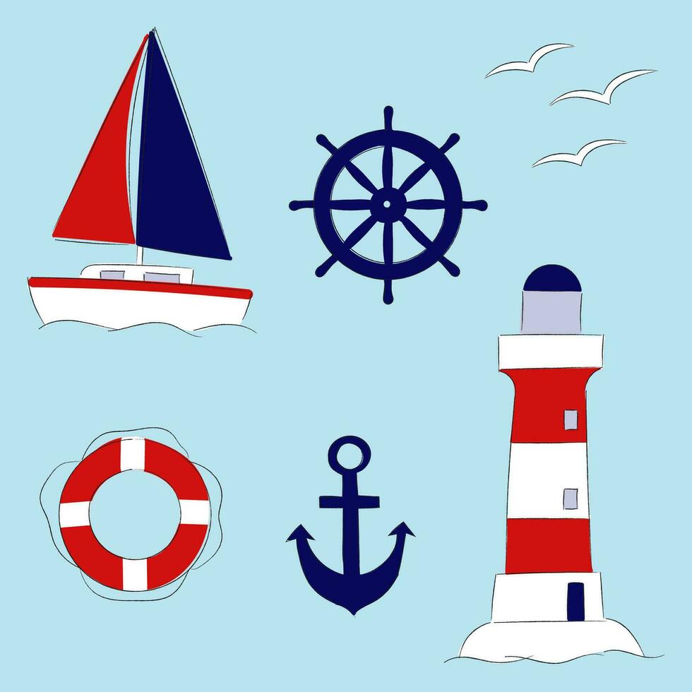 Set of marine elements for design. Hand drawn vector
